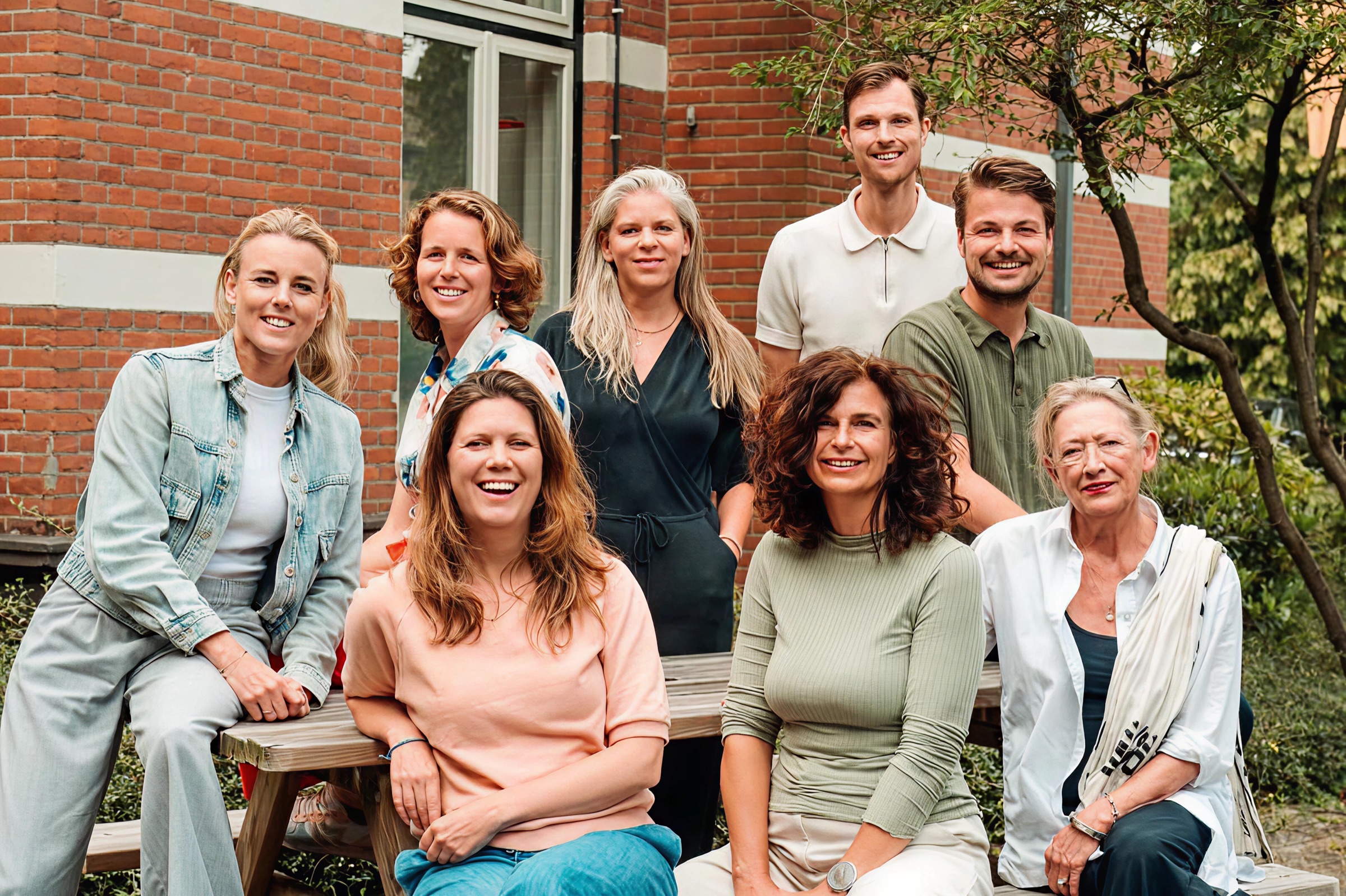 The Buddy coaching team sitting and standing in front of a brick building